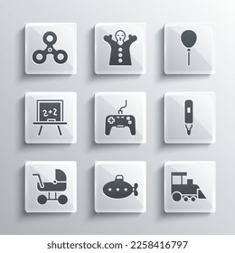 Set Submarine toy, Toy train, Marker pen, Gamepad, Baby stroller, Chalkboard, Fidget spinner and Balloons with ribbon icon. Vector