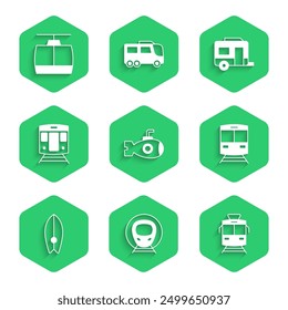 Set Submarine, Train and railway, Tram, Surfboard, Rv Camping trailer and Cable car icon. Vector