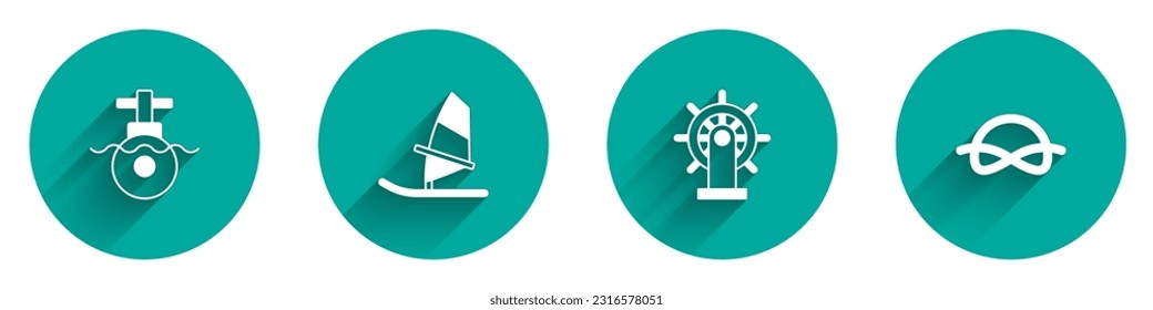 Set Submarine, Windsurfing, Ship steering wheel and Nautical rope knots icon with long shadow. Vector