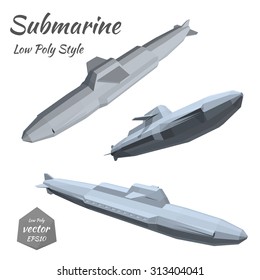 Set submarines isolated on white background. Low poly. Vector illustration.