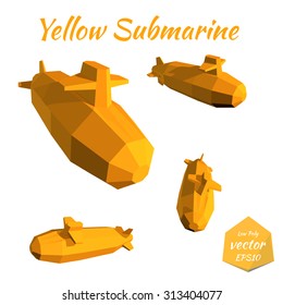 Set submarines isolated on white background. Yellow Submarine. Low poly. Vector illustration.