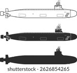 Set of submarines Seawolf SSN-21, Line icons, isolation and silhouette in black color.