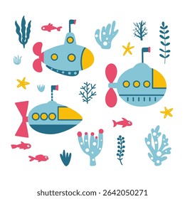 Set of submarines and underwater plants isolated on white background. Clipart collection in cartoon style for children. Vector illustration.