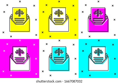 Establecer icono de Subpoena aislado en el fondo de color. La orden de arresto, informe policial, citación. Concepto de justicia. Ilustración vectorial