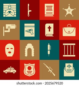 Set Subpoena, Prison window, Briefcase, Law book, Evidence bag and pistol or gun, Security camera, Suspect criminal and Holy bible icon. Vector