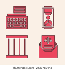 Set Subpoena, Retro typewriter, Old hourglass with sand and Prison window icon. Vector