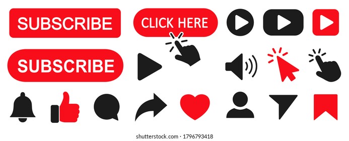 Set subscribe button icons: cursor, bell, like, comment, share sign for channel, blog, social media. Subscribe icon shape sign button set – stock vector