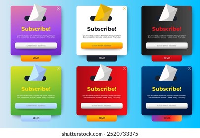 Conjunto de notificaciones de Anuncio emergente de boletín de correo electrónico del Suscribirse. Diseño web de Profesional, juego completo de Elementos. Materiales de diseño fáciles de usar. Vector