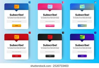 Conjunto de notificaciones de Anuncio emergente de boletín de correo electrónico del Suscribirse. Diseño web de Profesional, juego completo de Elementos. Materiales de diseño fáciles de usar. Vector