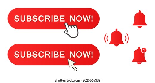 A set of SUBSCRIBE NOW buttons with arrow, index finger and bells. Used a red gradient. Vector illustration.