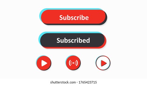 Set of subscribe, subscribed, play and live broadcast buttons. Social media network concept. Vector illustration
