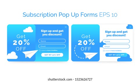 Set of subscription pop up forms. Blue gradient. Registration and login. Professional web design, full elements. User-friendly. Vector.