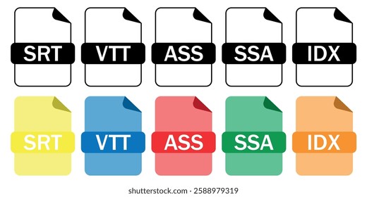 Set of subtitle and caption file format icons (SRT, VTT, ASS, SSA, IDX) in outline and color styles. Perfect for video editing, streaming, and accessibility projects.