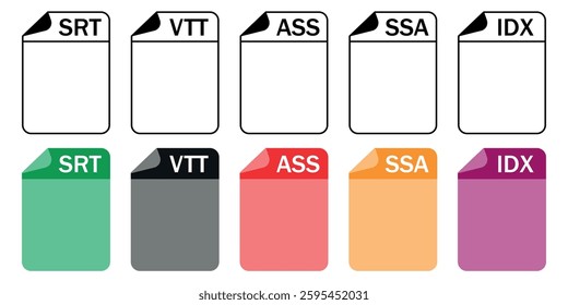 Set of subtitle and caption file format icons (SRT, VTT, ASS, SSA, IDX) in outline and color styles. Perfect for video editing, streaming, and accessibility projects.