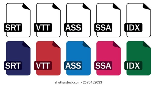 Set of subtitle and caption file format icons (SRT, VTT, ASS, SSA, IDX) in outline and color styles. Perfect for video editing, streaming, and accessibility projects.