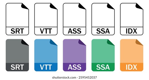 Set of subtitle and caption file format icons (SRT, VTT, ASS, SSA, IDX) in outline and color styles. Perfect for video editing, streaming, and accessibility projects.