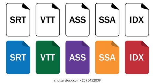 Set of subtitle and caption file format icons (SRT, VTT, ASS, SSA, IDX) in outline and color styles. Perfect for video editing, streaming, and accessibility projects.