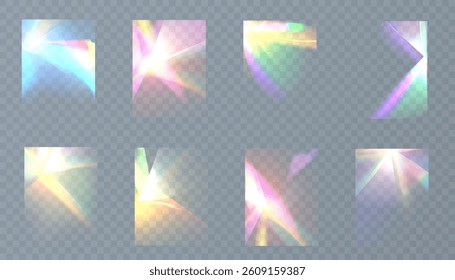 A set of subtle holographic overlays featuring soft iridescent gradients, glass reflections and pastel rainbow lights on a transparent background.	

