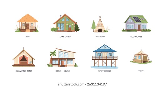 Set of suburban buildings in flat style. Isolated clip art on white background for vacation, eco-living, architecture, rural concepts. Hut, lake cabin, wigwam, glamping tent, beach and stilt house.