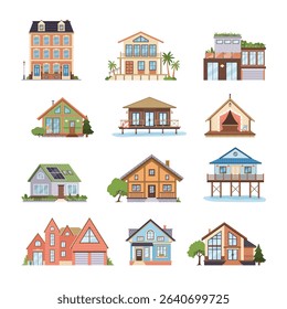 Set of suburban buildings in flat style. Isolated clip art on white background for vacation, eco-living, architecture, rural concepts. Townhouse, lake cabin, beach house, villa, glamping, bungalow.