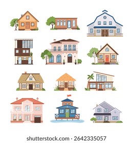 Conjunto de edifícios suburbanos em estilo plano. clip-art isolado no fundo branco para férias, eco-vida, arquitetura, conceitos rurais. Casa modular, moradia, casa de praia, fazenda, mansão, cabana.