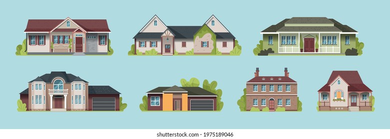 Set of suburban country houses models on a blue background flat vector illustration