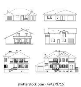 Set of suburban houses. Front view. Various architectural solutions. Vector icons for your design.