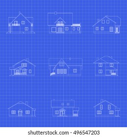 Set of suburban houses. Front view blueprint. Various architectural solutions. Vector icons.