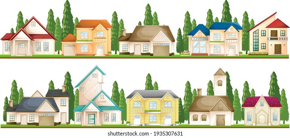 Set of suburban houses on white background illustration