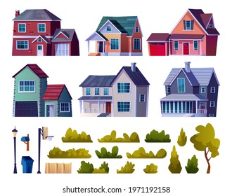 Set of suburban street elements, cottage houses and green plants, lamp and waste bin, basketball and mail post stand isolated cartoon icons. Vector urban city town design objects, home buildings