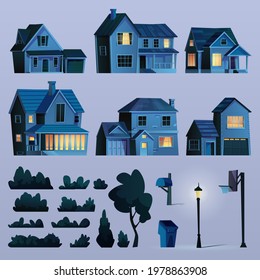 Set of suburban street elements at night, buildings with lights, late evening. Vector cottage houses, trees and bushes, lamp and waste bin, basketball stand cartoon icons. Urban town design objects