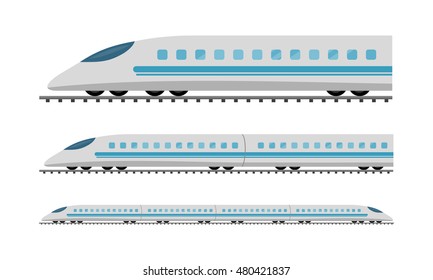 Set Of Subway Trains Isolated On White. Vehicles Carry Large Number Of Passengers. High Speed Inter-city Commuter Train. Isometric Train. Public Electric Transport. Transportation Item. Vector