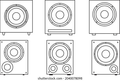 Set of subwoofer speaker icons. Vector thin line