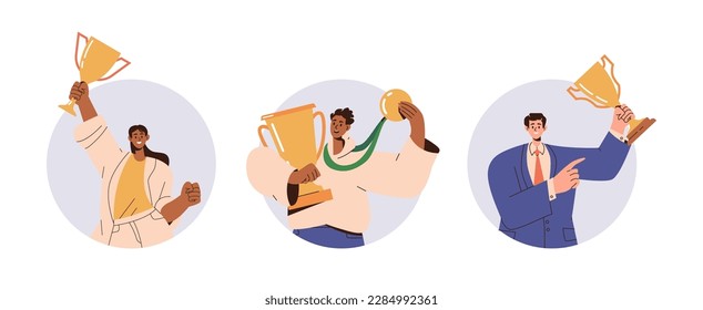 Set of succeed business people with golden trophy cup getting reward or prize for goal achievement and successful hard work result vector illustration. Leadership, win and triumph celebration concept