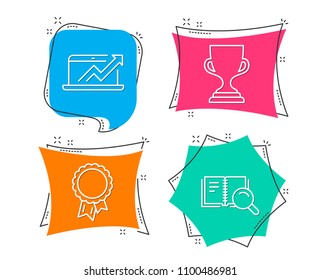 Set of Success, Award cup and Sales diagram icons. Search book sign. Award reward, Trophy, Sale growth chart. Online education.  Flat geometric colored tags. Vivid banners. Trendy graphic design