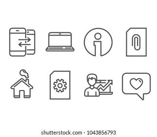 Set of Success business, Attachment and Notebook icons. Phone communication, File management and Love message signs. Growth chart, Attach document, Laptop computer. Vector