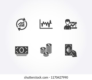 Set of Success business, Update data and Stock analysis icons. Coins, Cash money and Finance signs. Growth chart, Sales statistics, Business trade. Cash money, Banking currency. Vector