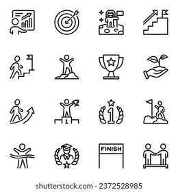 Set of Success and Goals Related Vector Line Icons. diploma, medal, graduation, winning, handshake, reward, trophy, achieve, finish, opportunity, progress, win, winner, leadership, target, victory