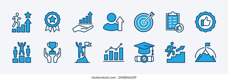 Set of success icon. Successful management business development. Containing target, goal, plan, winner, achievement, trophy, badge medal, competition, graduation hat, mountain peak flag, growth graph