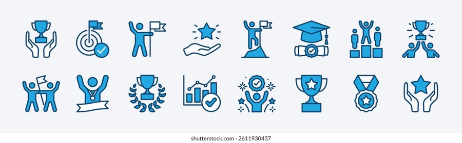 Set of success icon vector. Containing ​winner, achievement, successful, target, goal, award trophy, teamwork, competition, victory, growth graph, graduation, medal, champion, reward. Illustration