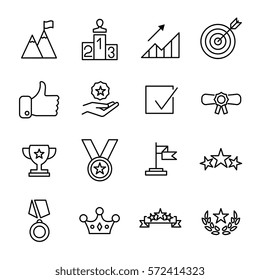 Set of success icons in modern thin line style. High quality black outline achievement symbols for web site design and mobile apps. Simple success pictograms on a white background.