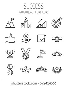 Set of success icons in modern thin line style. High quality black outline achievement symbols for web site design and mobile apps. Simple success pictograms on a white background.