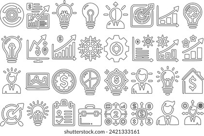 Set of success icons. Plan, procedure, and successful company growth symbols. Vector set of solid icons.