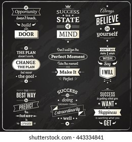 Set of success motivational and philosophical quotes chalkboard isolated emblems making in fashioned font vector illustration