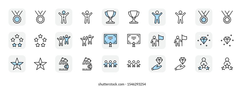 Set of Success Related Vector Line Icon. Contains such Icons as Cup, Ribbon, Star, Winner, Reward and more.Editable Stroke. 32x32 Pixel Perfect.