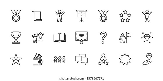 Set of Success Related Vector Line Icon. Contains such Icons as Cup, Ribbon, Star, Winner, Reward and more.Editable Stroke. 32x32 Pixel Perfect