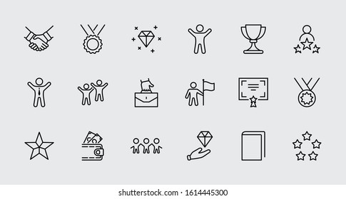 Set of Success Related Vector Line Icon. Contains such Icons as Cup, Ribbon, Star, Winner, Reward and more.Editable Stroke. 32x32 Pixel Perfect.