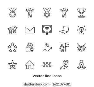 Set of Success Related Vector Line Icon. Contains such Icons as Cup, Ribbon, Star, Winner, Reward and more.Editable Stroke. 32x32 Pixels