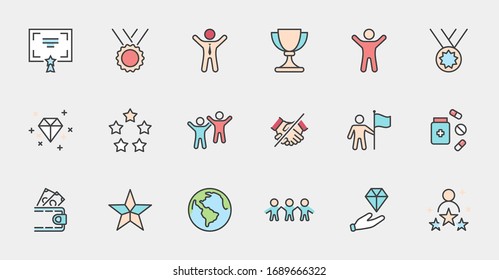 Set of Success Related Vector Line Icon. Contains such Icons as Cup, Ribbon, Star, Winner, Reward and more.Editable Stroke. 32x32 Pixel Perfect.