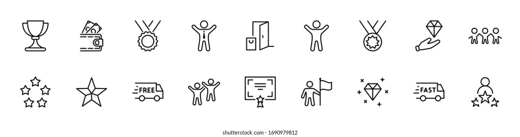 Set of Success Related Vector Line Icon. Contains such Icons as Cup, Ribbon, Star, Winner, Reward and more.Editable Stroke. 32x32 Pixels